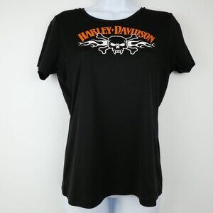 Harley Davidson T Shirt Womens Medium Black Short Sleeve Skull Flames Motorcycle